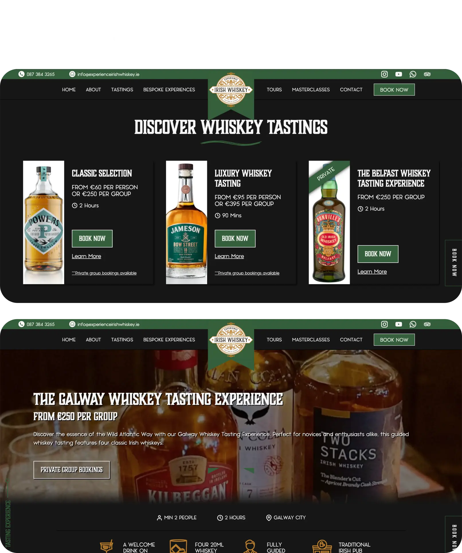 Whiskey tourism website design featuring Irish whiskey experiences